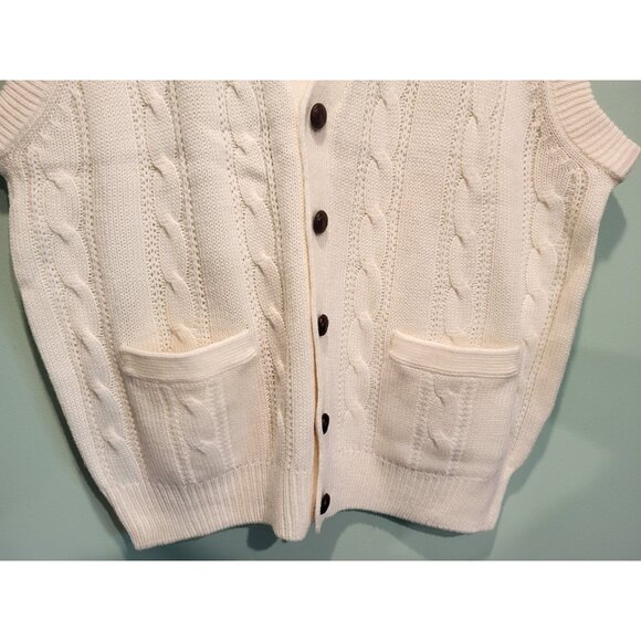 Vtg Mens Ivory Cableknit Button Up Sweater Vest Pockets Grandpa Sz XL - Picture 3 of 6